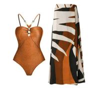 Bañador Vientre Plano Traje De Baño De Una Pieza Color Liso con Falda Pareo A Juego Gasa Estilo Retro Francés Bañadores Mujer Reductores Conjunto Dos Piezas para Vacaciones En Playa
