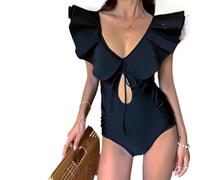 Bañadores de una Pieza, Traje de baño for Mujer Estilo Coreano una Pieza Que Cubre el Vientre con Volantes 3 Secciones Negro MXL(Code)