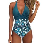 Bañadores Mujer Reductores Barriga Espalda Expuesta Bañador Vientre Plan Ropa de Baño Traje de Baño de Una Pieza Mujer Fruncido Bañador Natacion Cuello en V Push Up Traje de Baño (A-Green, XXL)