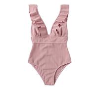 Bañadores Mujer Trajes de Baño Una Pieza Retro Volante Fruncido Push Up Escote en V Profundo Halter Elegante Monokini Bañador Natacion Reductor Tankini Ropa de Baño Relleno Cordones Espalda(Rosa,XL)