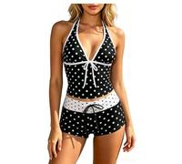 Bañadores Tankini Mujer Y2K Bikini Vintage de Dos Piezas BañAdor de Lunares con Pantalones Corto Tankini Mujer Reductor Barriga Bañador Cuello Halter 2 Piezas para Playa Verano Vacaciones