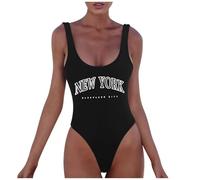 Bañadores Una Pieza para Mujer Conjuntos Bikini de Colores Sólidos Bañadores Estampados New York Bañador Sexy con Escote en U y Espalda Descubierta Ropa de Playa Casual (Black, L)