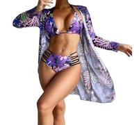 Bañadores Y Bikinis Mujer Swimming Costume Women Conjunto de Bikini de Piezas con Sujetador Estampado Multicolor Sexy Verano para Mujer Sin Soporte Bikini Talla Grande (Purple L)