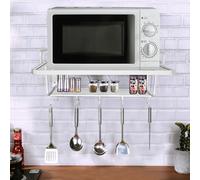 banborba Soporte para microondas de aluminio de 2 capas, estante para microondas con 10 ganchos, montaje en pared para cocina, 55 x 38 x 29 cm, color plateado