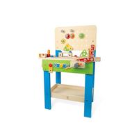 Hape Banco Carpintero Banco de Herramientas de Madera, Juego de rol, Juego de Construcción Creativo, Banco Carpintero de 35 Piezas con Altura Ajustable
