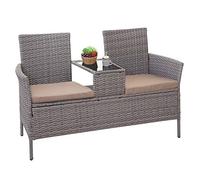 Banco con mesa de poliratán HWC-E24, banco de jardín, muebles de jardín, 132 cm - gris, cojín crema