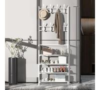 Banco de almacenamiento 3 en 1 para entrada, zapatero industrial con 8 ganchos, para sala de estar, dormitorio, oficina, versátil y decoración elegante