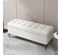 Banco de Almacenamiento Cuero PU Banqueta Pie de Cama Tapizado Puff Baul | Banco Zapatero Moderno con Patas de Metal Baul de Almacenaje para Dormitorio Recibidor Salon(Pearl White,100cm/39.4in)