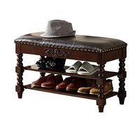 Banco de almacenamiento de madera de 3 niveles, zapatero de entrada con asiento tapizado de cuero, banco de almacenamiento de zapatos multifunción vintage para estante de dormitorio de pasillo (nogal