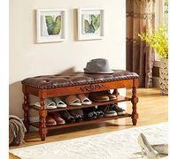 Banco de almacenamiento de madera de 3 niveles, zapatero de entrada con asiento tapizado de cuero, banco de almacenamiento de zapatos multifunción vintage para estante de dormitorio de pasillo (nogal
