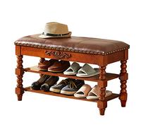 Banco de almacenamiento de madera de 3 niveles, zapatero de entrada con asiento tapizado de cuero, banco de almacenamiento de zapatos multifunción vintage para estante de dormitorio de pasillo (nogal