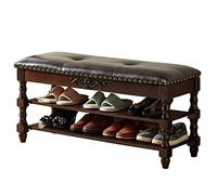 Banco de almacenamiento de madera de 3 niveles, zapatero de entrada con asiento tapizado de cuero, banco de almacenamiento de zapatos multifunción vintage para estante de dormitorio de pasillo (nogal
