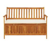 Banco de almacenamiento de madera de acacia sólido, 120 x 63 x 84 cm | Caja de jardín, respaldo y apoyabrazos, cojín de asiento incluido, fácil montaje