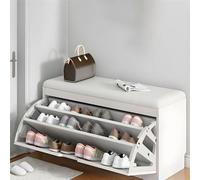 Banco de almacenamiento de madera moderno para zapatos, diseño de puerta abatible, zapatero de 3 niveles con cojín acolchado, elegante entrada, color blanco, 80 cm de largo x 30 cm de ancho x 45 cm de