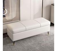 Banco de almacenamiento de piel sintética blanca con otomana de entrada abatible para zapatos, sala de estar y dormitorio, otomana larga con bisagras de seguridad (90 cm)