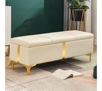 Banco de almacenamiento de piel sintética color crema con patas de metal, puf acolchado para entrada, sala de estar y dormitorio, reposapiés de almacenamiento grande (39 x 15.7 x 17.7 pulgadas)