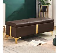 Banco de almacenamiento de piel sintética marrón, elegante otomana de entrada con patas de metal, reposapiés acolchado grande para sala de estar, dormitorio y comedor (120 x 40 x 45 cm)