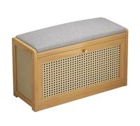 Banco de almacenamiento de zapatos con asiento acolchado, organizador de madera de 2 niveles para entrada y pasillo, zapatero de entrada con asiento de cojín de lino, solución eficiente y elegante