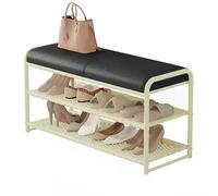 Banco de almacenamiento de zapatos con asiento de piel sintética tapizado para entrada, elegante marco de metal, color negro y beige, ahorra espacio, orga, 50 x 32,5 x 48 cm