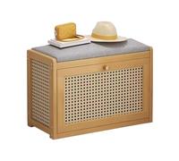 Banco de almacenamiento de zapatos de entrada con cojín de lino, zapatero de madera de 2 niveles para pasillo y entrada, elegante nizer de calzado y solución de asiento