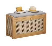 Banco de almacenamiento de zapatos de entrada con cojín de lino, zapatero de madera de 2 niveles para pasillo y entrada, elegante estante para zapatos con asiento, diseño que ahorra espacio