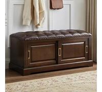 Banco de almacenamiento de zapatos de madera maciza con asiento acolchado de poliuretano, 2 puertas correderas, entrada de piel para pasillo, dormitorio, sala de estar, marrón, 110 cm