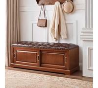 Banco de almacenamiento de zapatos de madera maciza con cojín de cuero, gabinete de zapatos vintage con puertas correderas, muebles elegantes para pasillo y sala de estar (27.5 pulgadas de profundidad