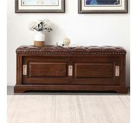 Banco de almacenamiento de zapatos de madera maciza con cojín de cuero, gabinete de zapatos vintage de granja con puertas correderas, nogal oscuro, zapatero de entrada, 60 cm, perfecto para sala de