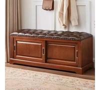 Banco de almacenamiento de zapatos de madera maciza con cojín de cuero, gabinete de zapatos vintage de granja con puertas correderas, zapatero de entrada, acabado de nogal claro, 90 cm