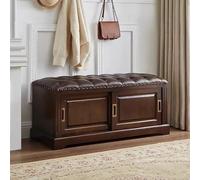 Banco de almacenamiento de zapatos de madera maciza de nogal con cojín de cuero, zapatero vintage para entrada y pasillo con puertas correderas, 35.4 pulgadas de profundidad x 14.9 pulgadas de ancho x