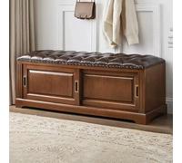 Banco de almacenamiento de zapatos de madera maciza retro con puertas correderas, asiento tapizado, para entrada, armario de almacenamiento oculto para pasillo, sala de estar, elegante zapatero
