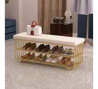 Banco de almacenamiento de zapatos, organizador otomano acolchado de poliuretano con estante de 3 niveles para entrada, dormitorio, sala de estar, pasillo, extremo de la cama, beige, 120 x 30 x 45 cm