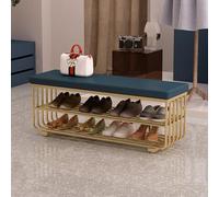 Banco de almacenamiento de zapatos, organizador otomano acolchado de poliuretano con estante de 3 niveles para entrada, dormitorio, sala de estar, pasillo, extremo de la cama, azul oscuro, 100 x 30 x