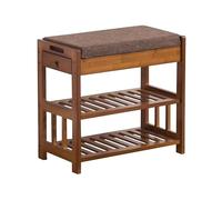 Banco de almacenamiento de zapatos rústico marrón con cojín de algodón y lino, cajón lateral de madera, elegante zapatero para pasillo y muebles de entrada