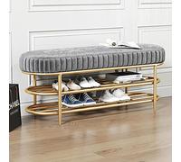 Banco de almacenamiento de zapatos tapizado de terciopelo de lujo con estante de metal, muebles modernos para decoración de sala de estar