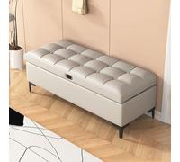 Banco de almacenamiento extralargo de cuero con asiento acolchado, elegante otomana para dormitorio o sala de estar, reposapiés versátil y puf cubo, color gris claro, 100 cm