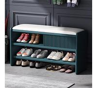 Banco de almacenamiento moderno con cojín de cuero, tapizado azul y blanco, muebles de entrada para pasillo, zapatero de madera, 99 x 30 x 45 cm