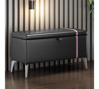Banco de almacenamiento multifuncional de madera maciza, moderno baúl de almacenamiento de cuero, banco rectangular para zapatos con asiento acolchado, gris, 70 x 35 x 45 cm, elegante nizer para el