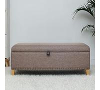 Banco de almacenamiento rectangular tapizado de lino otomano de madera maciza, asiento de almacenamiento moderno para dormitorio, color marrón, 100 x 40 x 45 cm, elegante decoración del hogar, muebles