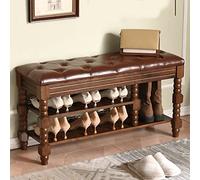 Banco de almacenamiento tapizado con asiento acolchado, banco para zapatos con botones de cuero, taburete cambiador de zapatos de gran capacidad para sala de estar y dormitorio (marrón a 35 x 12 x 19