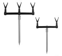 Banco de caña de pescar para carpa con soporte de aluminio con barras transversales y barra de zumbido para una sujeción estable y firme de la caña en terrenos difíciles (dos cabezas)