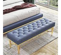 Banco de cuero de primera calidad con zapatero dorado tapizado al final de la cama, asiento de entrada, almacenamiento de zapatos, azul, 100 x 33 x 48 cm, muebles modernos y elegantes para decoración