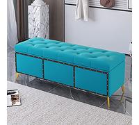 Banco de dormitorio tapizado de terciopelo de alta calidad, otomano moderno, elegante asiento de almacenamiento de terciopelo azul, 120 x 40 x 45 cm, para sala de estar y entrada.