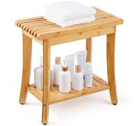 VEVOR Banco de Ducha de Bambú Natural Impermeable con Estante de Almacenamiento, Capacidad de Carga 149,7 kg, para Adultos, Mujeres Mayores, Ancianos, Interiores y Exteriores, 485 x 288 x 465 mm