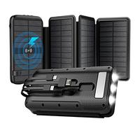 Banco de energía Solar de Emergencia, 1 Cargador inalámbrico rápido de 20000 mAh, Cable Integrado, batería Externa portátil Impermeable para smartphonesore, Negro, 168 x 88 x 40 mm