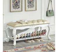 Banco de entrada de madera maciza vintage, banco de zapatos tapizado en cuero con botones, organizador de almacenamiento de zapatos, banco decorativo de primera calidad para el final de la cama del d