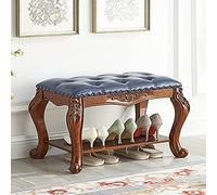 Banco de entrada de madera maciza vintage, banco de zapatos tapizado en cuero con botones, organizador de almacenamiento de zapatos, banco decorativo de primera calidad para el final de la cama del d