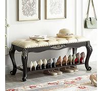 Banco de entrada de madera maciza vintage, banco de zapatos tapizado en cuero con botones, organizador de almacenamiento de zapatos, banco decorativo de primera calidad para el final de la cama del d