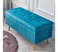 Banco de entrada moderno con cojín, asiento de almacenamiento de 39.4 pulgadas para dormitorio y sala de estar, banco de almacenamiento de zapatos con contenedor, elegante mobiliario de pasillo azul