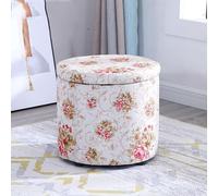 Banco de entrada redondo moderno de tela con asiento acolchado, contenedor extraíble para pitufos y reposapiés otomano para sala de estar, 33 x 33 x 29 cm